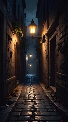 Fototapeta premium Atmospheric nighttime view of a cobblestone alley illuminated by glowing street lamps and a moody sky.