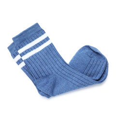 Pair of blue socks isolated on white, top view