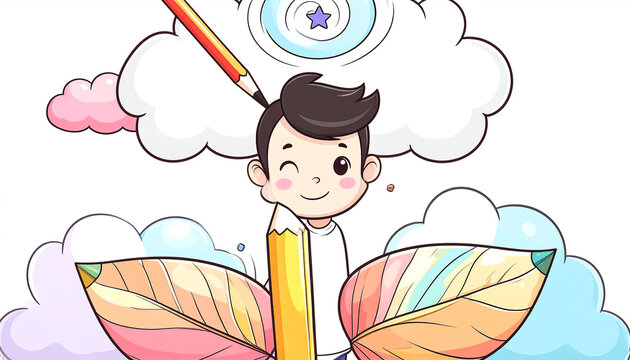 A cheerful boy winks, nestled behind a large pencil sprouting colorful wings, surrounded by whimsical clouds and a dreamy eye