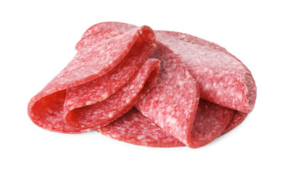 Slices of tasty smoked sausage isolated on white