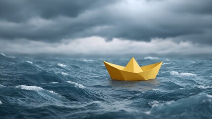 Stormy seas action with a yellow paper boat ocean digital art dramatic atmosphere aerial view resilience concept