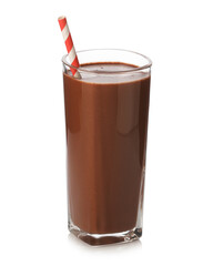 Tasty chocolate milk in glass isolated on white