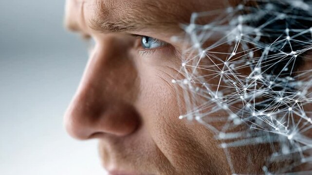 Mindscape: A contemplative gaze into a man's face is met with a web of data, hinting at the profound intersection of mind and machine, intelligence and innovation.
