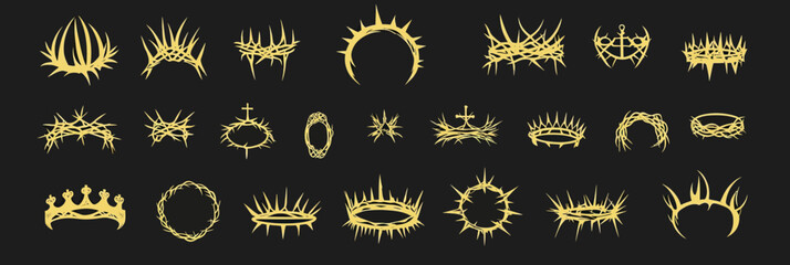 Set of 30 golden religious crowns and thorn crowns silhouettes with various shapes and styles for Christian symbolism and decorative design elements on black background