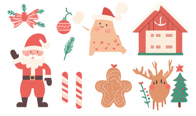 Flat minimalist Christmas vector illustration with Santa Claus, reindeer, gingerbread, Christmas tree, candy canes, ornament, pine branches, festive holiday elements