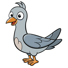 Cartoon pigeon character stands cheerfully, looking right with light gray and orange coloring
