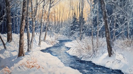 Serene winter landscape showcasing a stream winding through a snow-covered forest