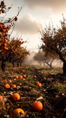 Autumnal pumpkin patch scene with orange pumpkins and trees in a vibrant outdoor setting