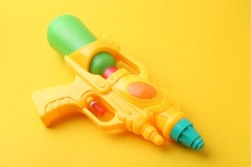 Bright plastic water gun on yellow background, closeup