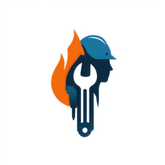 Construction Worker Icon with Tools and Fire: Professional Services in Industrial Design and Safety Featuring Blue Helmet Silhouette and Teamwork Graphics