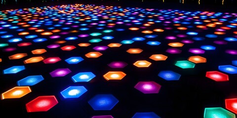 Fototapeta premium Multicolored hexagonal light patterns on a dark surface.
