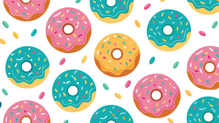Donuts and Sprinkles Seamless Pattern on White Background.