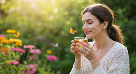 Woman smelling herbal tea in a blooming garden with butterflies around, copy space