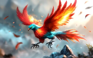 Majestic mythical phoenix in flight amid flames and contrast