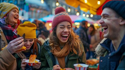 Fototapeta premium A group of friends laughing and eating street food at a vibrant outdoor market, with the bustling environment and colorful stalls providing a dynamic background. Capture the joy and the casual, candid