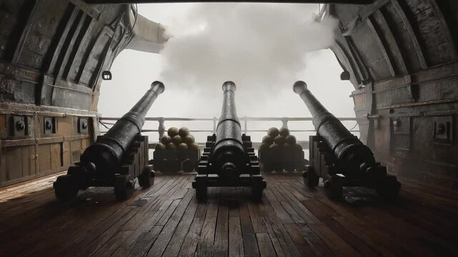 Cannons on a ship.