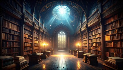 Beautifully illuminated library interior with bookshelves and sunlight streaming through a window