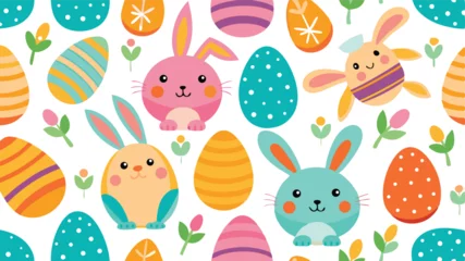 Fotobehang Naadloze herfst easter eggs bunnies seamless pattern white.  © Wesly