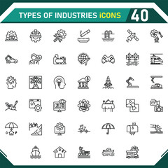 Types of Industries icon collection, with editable stroke. Types of Industries thin line icon set. Vector illustration.