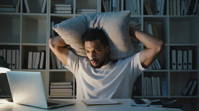 Stressed person with insomnia covering himself with his pillow.