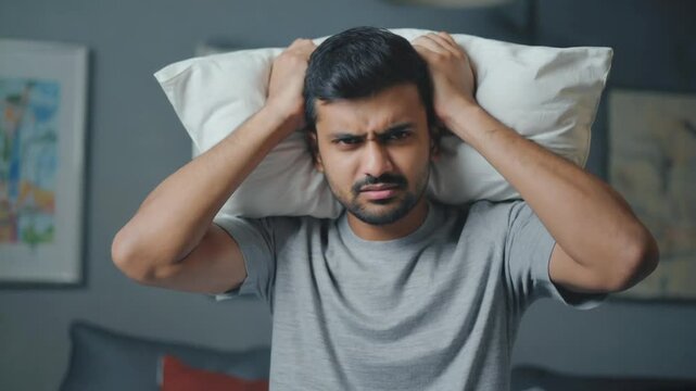 Stressed person with insomnia covering himself with his pillow.