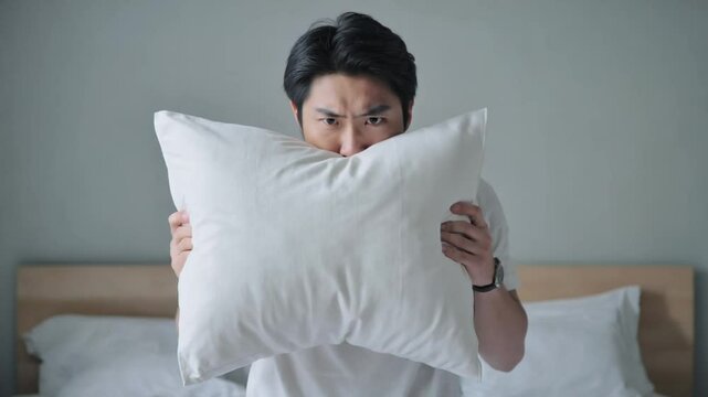 Stressed person with insomnia covering himself with his pillow.