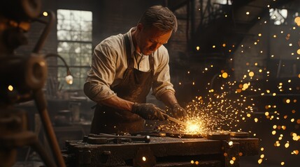 Intense Sparks Fly as Blacksmith Shapes Metal. Craftsman at Work.