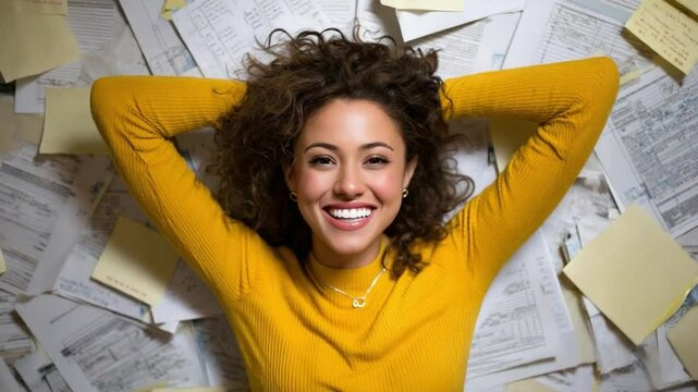 Smiling Woman Surrounded by Paperwork: A cheerful woman beams with contentment, reclining amongst a sea of scattered documents and sticky notes, her eyes radiating positivity.