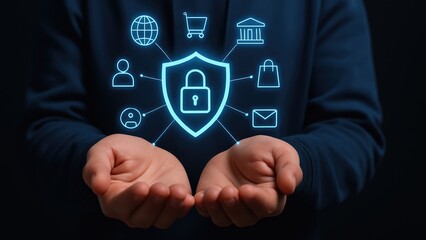 Hands holding a digital shield symbolizing online security and data protection.