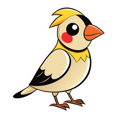 A charming cartoon bird with yellow crest and a red cheek stands nicely
