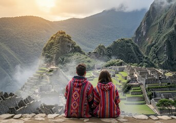 A couple in traditional ponchos gazing upon the breathtaking ruins of Machu Picchu, Peru.