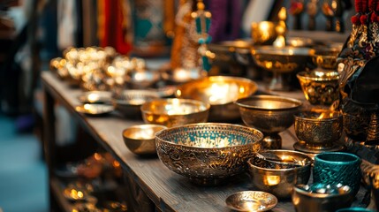 Display of luxurious golden antique bowls and dishes in a vibrant oriental style market