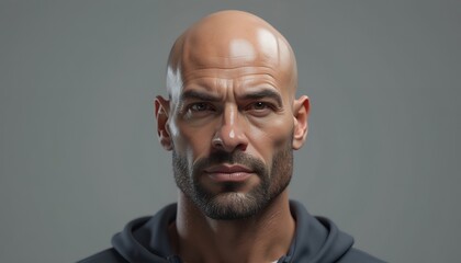 Obraz premium Bald Man with Beard Wearing Hoodie on Grey Background