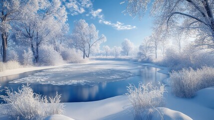 Serene winter landscape with snow-covered trees and a partially frozen lake