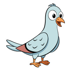 A cartoon pigeon stands cheerfully, its bright orange beak slightly open, on a white background