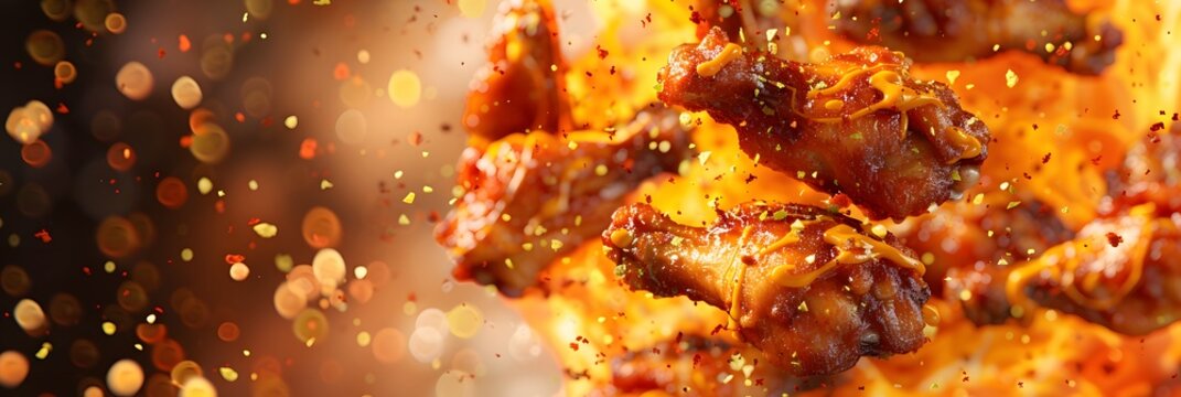 Crispy fried chicken wings exploding in a hot display.