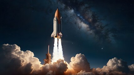 Spaceship takes off into the starry sky. Rocket starts into space. Concept