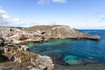 Unusual rock formations in Fish Hook Bay on the west coast of Rottnest Island, (Wadjemup) Western Australia, WA, Australia.