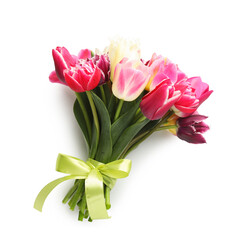Bouquet of beautiful tulips isolated on white, top view
