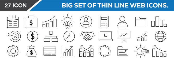 Mega set of Business outline icons vector thin line icons. Finance and business line icons collection. Big UI icon set in a flat design. Editable stroke. Vector illustration