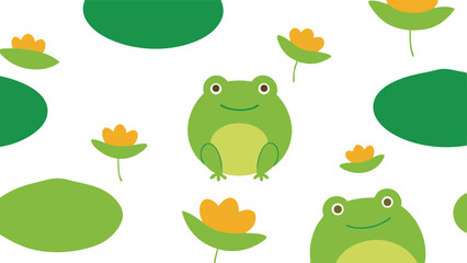 Frogs and Lily Pads Seamless Vector Pattern Design on White.