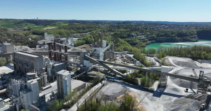 limestone mining in Germany. wulfrath mine, extracting limestone, open pit mine, quarry, industrial ground. Aerial view.