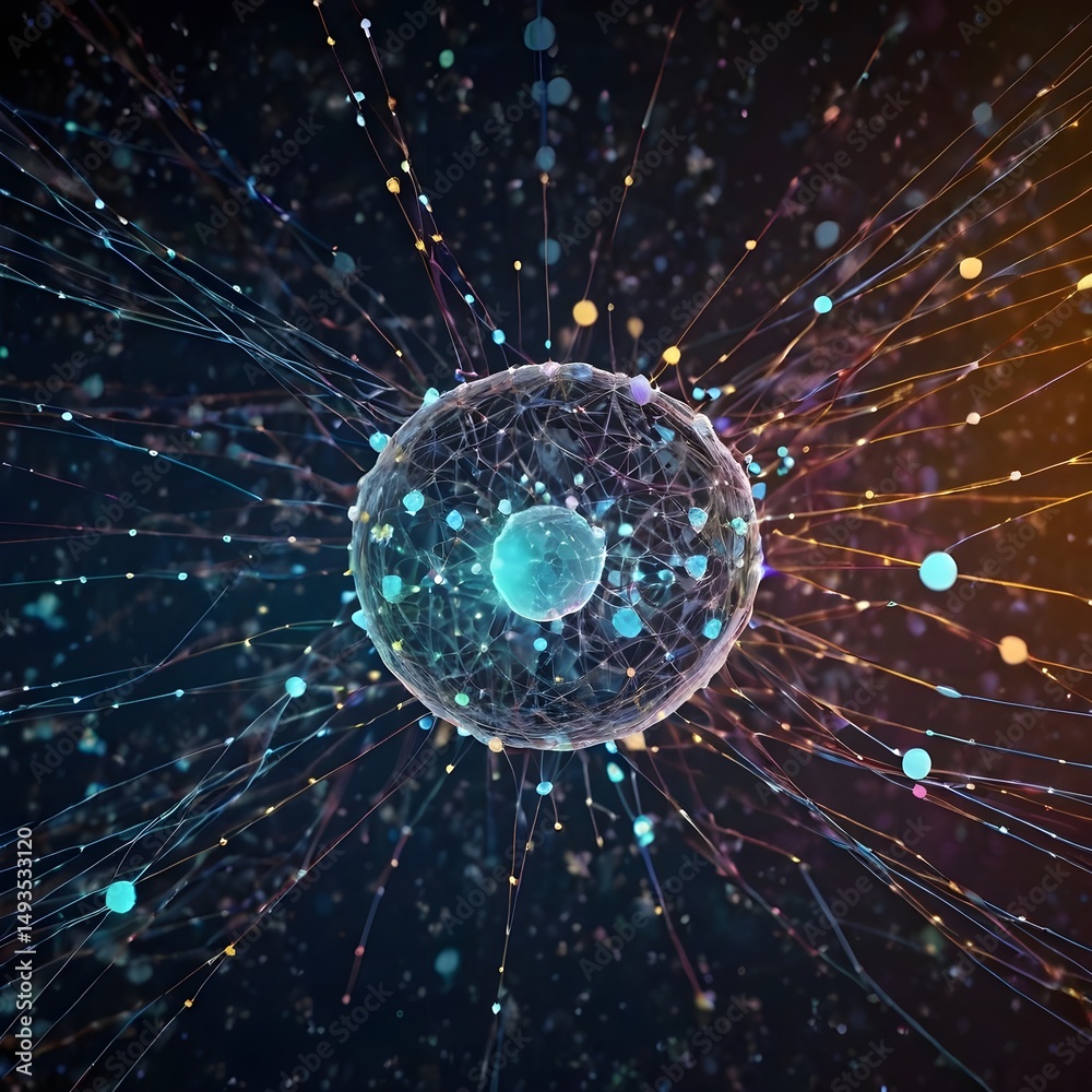 Poster Cyber Big Data Flow Particles Bokeh. Digital Neural Network. Concept of AI Artificial Intelligence Technology Machine Deep Learning.