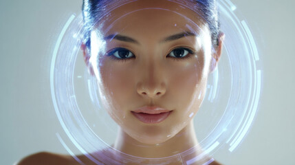 Futuristic skincare technology with beautiful Asian woman face glowing with digital light circle and smooth skin