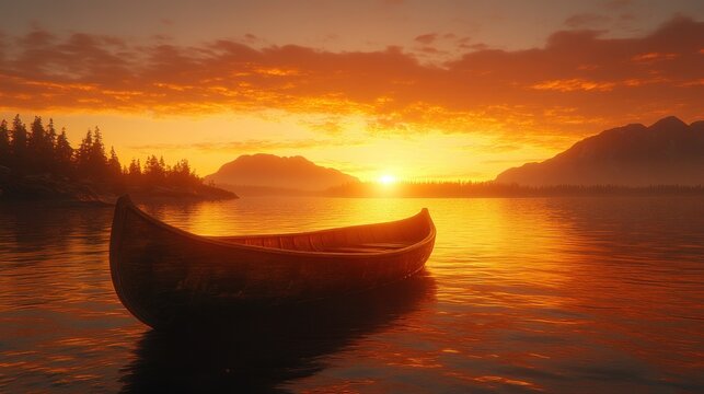 Tranquil sunset over a serene lake with a canoe