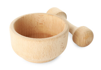 Wooden mortar with pestle isolated on white