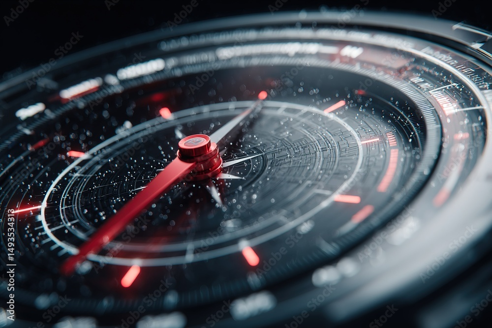 Poster close-up view of a high-tech compass with intricate details and glowing elements in low-light condit