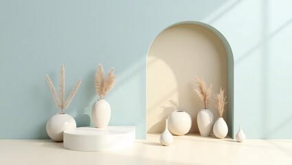 Fototapeta premium Minimalist 3D Render of Product Display Podium with Pampas Grass and Ceramic Vases in Soft Pastel Interior