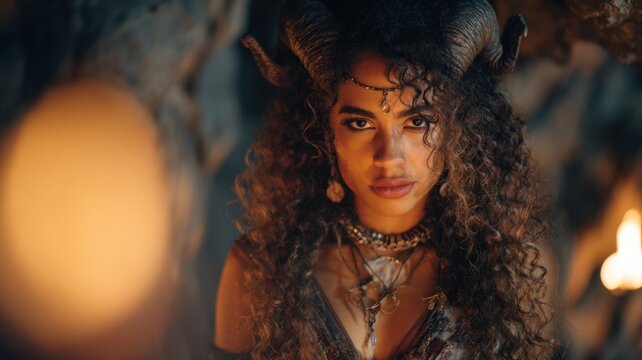 Portrait of a Tribal Devil Woman with Dark Curls and Horns