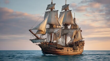 Obraz premium Vintage sailing ship with full sails navigating calm open ocean waters during colorful sunrise